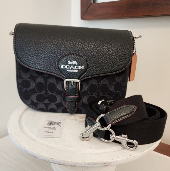 Coach Amelia Saddle Bag Black Denim & Pebbled leather NWT - Picture 1 of 10